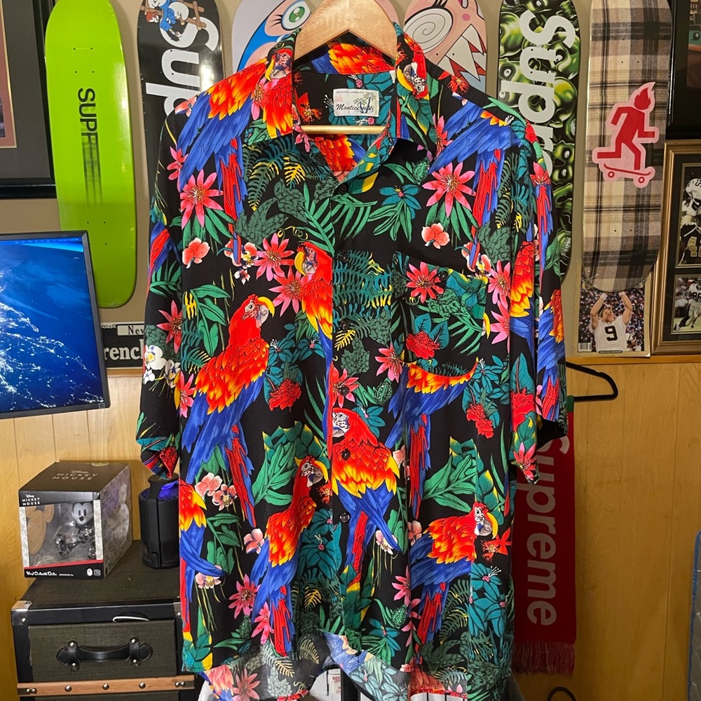 Vtg Monticerutti Hawaiian Shirt Mens XL Tropical Retro Button Up Parrots Rayon
